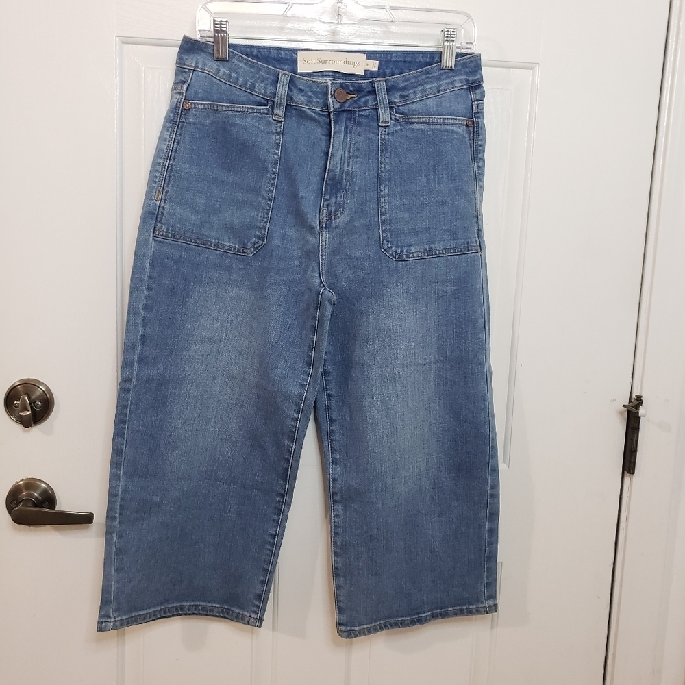 SOFT SURROUNDINGS Wide Leg Cropped Blue Jeans Gaucho Retro 70s Style Tre…